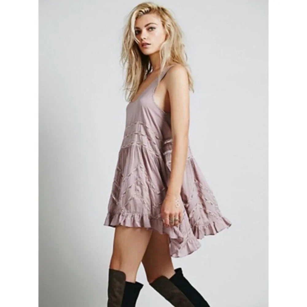 Free People Pink Tiered Ruffle Voile & Lace Mini Slip Dress | Cottagecore Boho M - Picture 1 of 16
